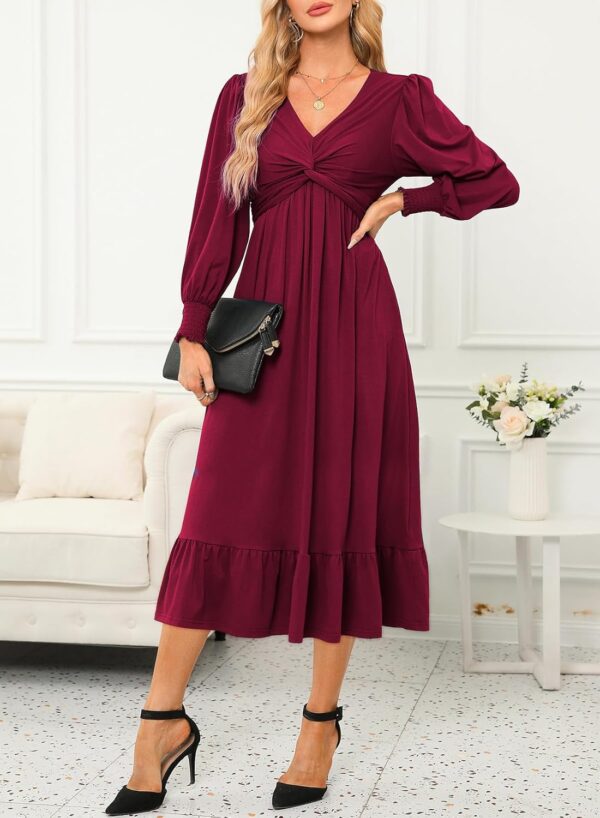 Dokotoo Womens 2024 Wrap V-Neck Twist Knot Long Sleeve Empire Waist Midi Maxi Dress A-Line Ruched Flowy Dress with Pockets - Image 3