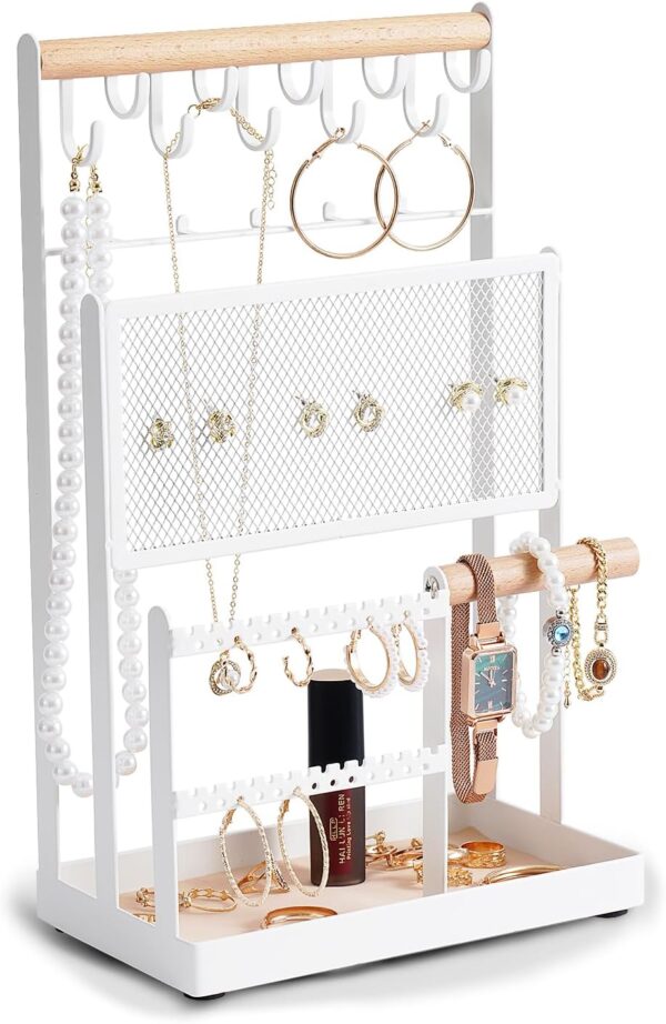 Jewelry Stand with Velvet, 5 Tier Jewelry Organizers and Storage with 15 Hooks Necklace Holder and Earring Organizer Net,Wooden Handing Bar for Bracelets, Watches, Rings - White