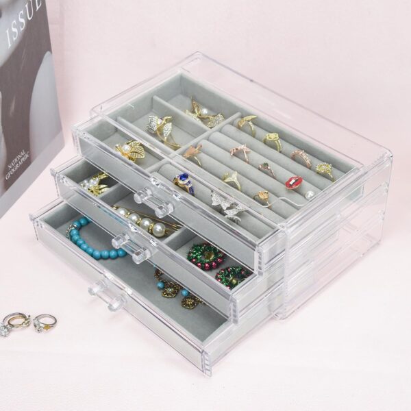 Acrylic Jewelry Box 3 Drawers, Velvet Jewellery Organizer, Earring Rings Necklaces Bracelets Display Case Gift for Women, Girls - Image 6