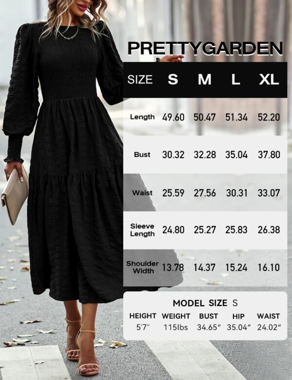 PRETTYGARDEN Women 2024 Puff Long Sleeve Crewneck Smocked Maxi Dress Solid Empire Waist Tiered A-line Swing Flowy Long Dress - Image 6