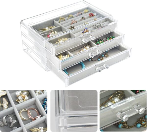 Acrylic Jewelry Box 3 Drawers, Velvet Jewellery Organizer, Earring Rings Necklaces Bracelets Display Case Gift for Women, Girls - Image 4