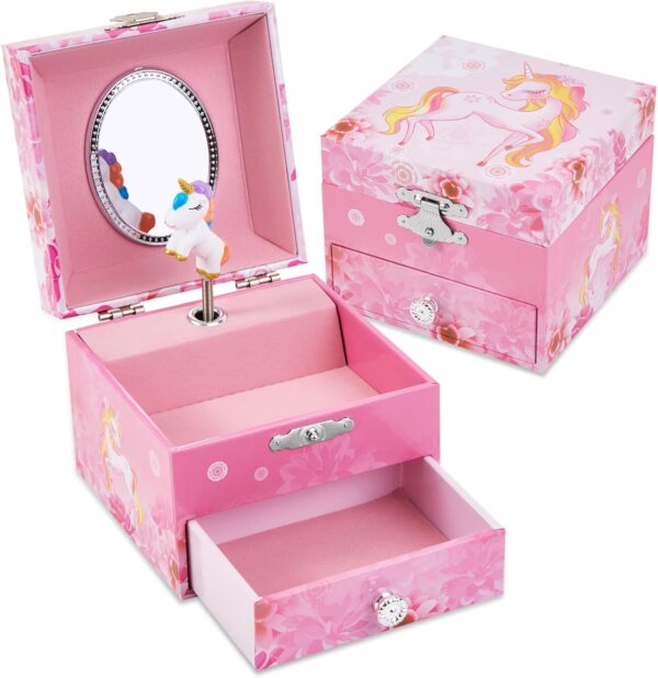 Girl's Musical Jewellery Box With Drawer and Spinning Unicorn, Kids Music Box Jewel Storage Toys Case for Girls Gift