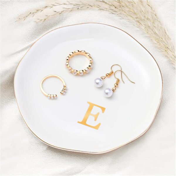 ProCase Ceramic Jewelry Tray, Initial Ring Dish Trinket Plate Engagement Gift, Small Personalized Monogram Ring Bowl for Wedding, White Decorative Jewelry Holder for Women Vanity -Letter E