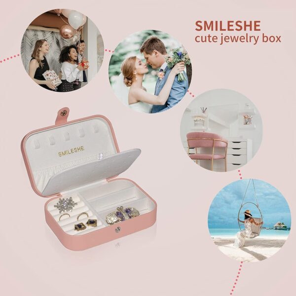 Smileshe Jewelry Box, PU Leather Small Portable Travel Case, 2 Layers Organizer Display Storage Holder Box for Rings, Earrings, Necklaces, Bracelets - Image 3