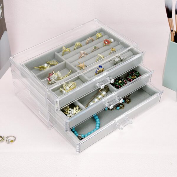 Acrylic Jewelry Box 3 Drawers, Velvet Jewellery Organizer, Earring Rings Necklaces Bracelets Display Case Gift for Women, Girls - Image 2