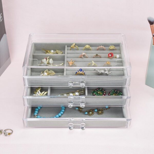 Acrylic Jewelry Box 3 Drawers, Velvet Jewellery Organizer, Earring Rings Necklaces Bracelets Display Case Gift for Women, Girls - Image 5