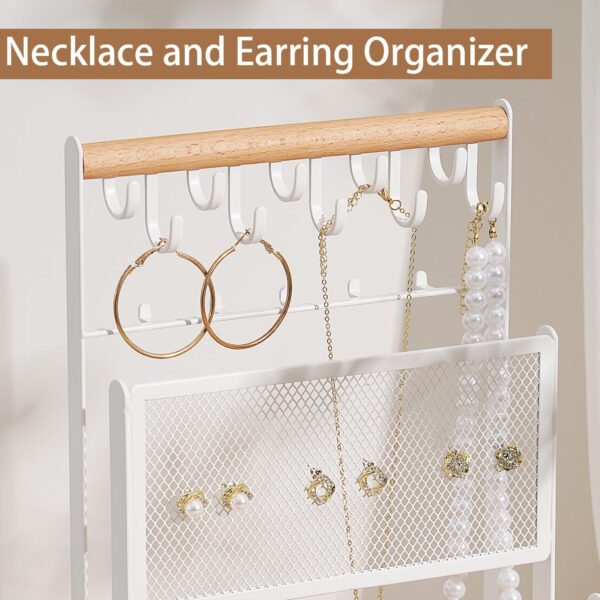 Jewelry Stand with Velvet, 5 Tier Jewelry Organizers and Storage with 15 Hooks Necklace Holder and Earring Organizer Net,Wooden Handing Bar for Bracelets, Watches, Rings - White - Image 2