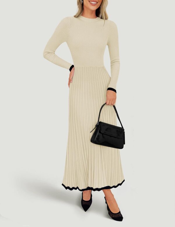 ZESICA Women's Long Sleeve Sweater Dress 2024 Fall Crewneck Ribbed Knit Pleated A-Line Maxi Wedding Guest Dresses - Image 2