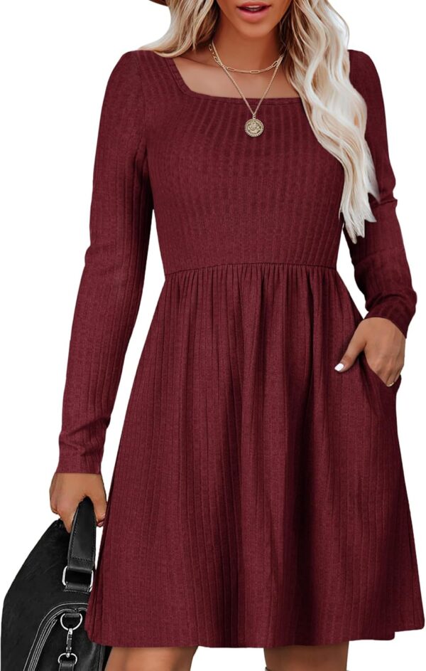 Zeagoo Womens Casual Sweater Dress Square Neck Knit Long Sleeve Dress with Pockets A-Line Knee Length Fall Winter Dress