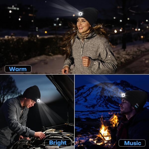 Bluetooth Beanie with Light, 2024 New Musical Knitted Hat with Headphone, Built-in Stereo Speakers Mic, 5 LED Super Bright, USB-C Charging, Cool Gadgets for Men Dad Camping Running Fishing Black - Image 6