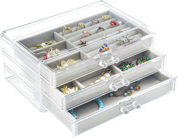 Acrylic Jewelry Box 3 Drawers, Velvet Jewellery Organizer, Earring Rings Necklaces Bracelets Display Case Gift for Women, Girls