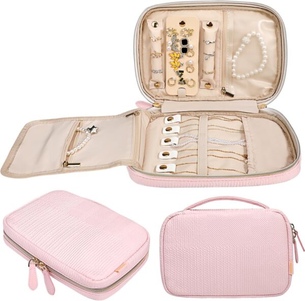 Voova Travel Jewelry Holder Organizer Case, Large Traveling Jewelry Storage Book Bag for Women Girls, Portable Jewellery Roll Pouch Folio for Necklaces, Rings, Earrings, Bracelets, Watch, Light Pink