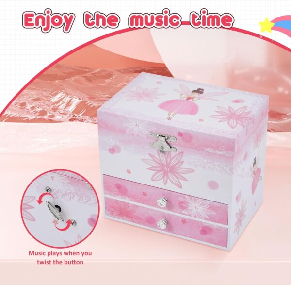 Musical Jewellery Box for Girls with 2 Drawers, Kids Toys Music Box with Spinning Ballerina,Girls Gift for 3-12 Years Old Jewel Storage Box - Image 7