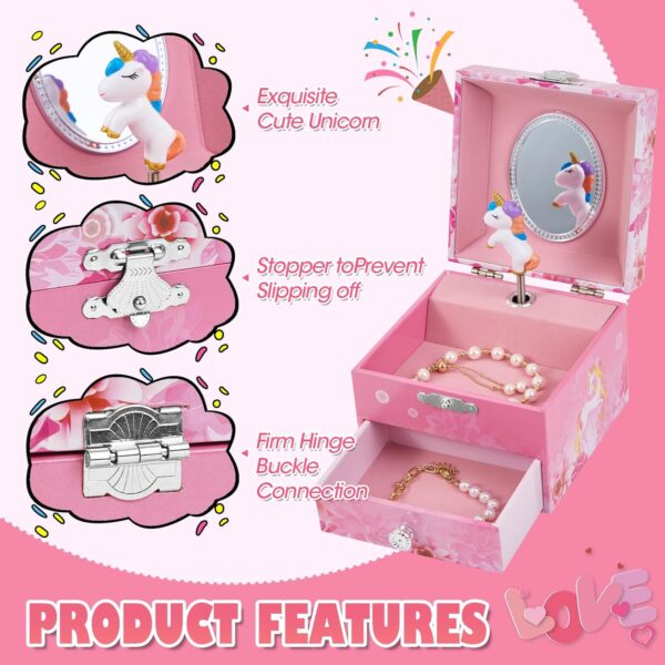 Girl's Musical Jewellery Box With Drawer and Spinning Unicorn, Kids Music Box Jewel Storage Toys Case for Girls Gift - Image 2