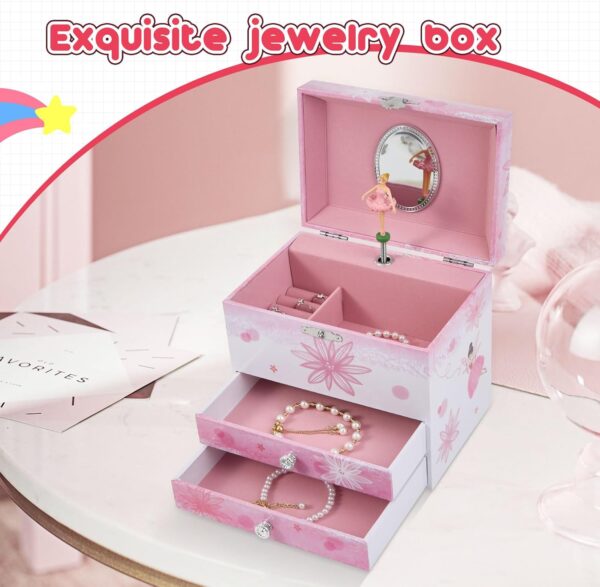 Musical Jewellery Box for Girls with 2 Drawers, Kids Toys Music Box with Spinning Ballerina,Girls Gift for 3-12 Years Old Jewel Storage Box - Image 3