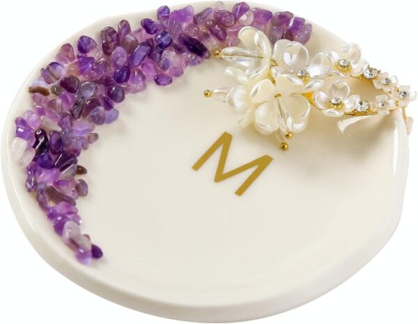 Ceramic Initials Ring Dish with Brazilian Amethyst Inlaid, Cute Room Decor Aesthetic, Decorative Jewelry Tray Trinket Dish, Engagement Wedding Birthday Christmas Gifts for Women (M) - Image 2