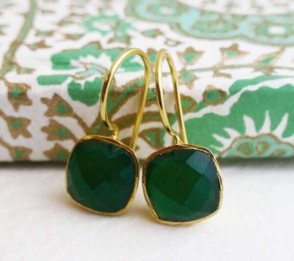 Cushion Cut Green Onyx Gold Plated Sterling Silver Drop Dangle Earrings - Handmade Jewelry Gift Ideas for Women - Christmas Gift Idea - Birthday Gift - Natural Gem Gemstone Stone Jewelry (Green Onyx) - Image 4