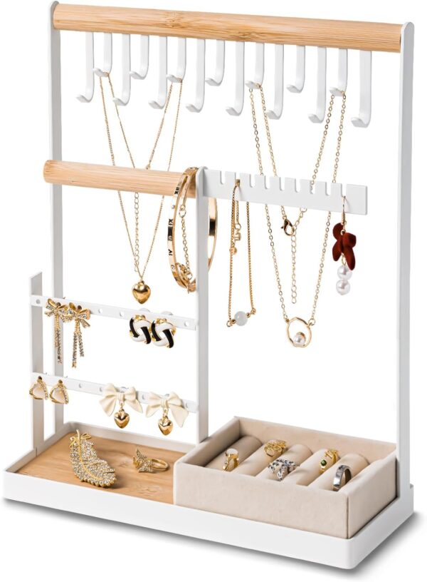 DreamGenius Jewelry Organizer Stand with Velvet Ring Holder, 4 Tier Jewelry Holder Organizer with 15 Hooks Necklace Organizer and Bracket Holder, Jewelry Stand with 16 Holes for Earring Holder, White