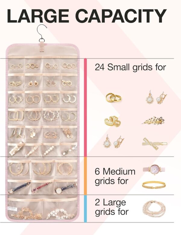 BAGSMART Hanging Jewelry Organizer Storage Roll with Hanger Metal Hooks Double-Sided Jewelry Holder for Earrings, Necklaces, Rings on Closet, Wall, Door, 1 piece, Large, Pink - Image 3