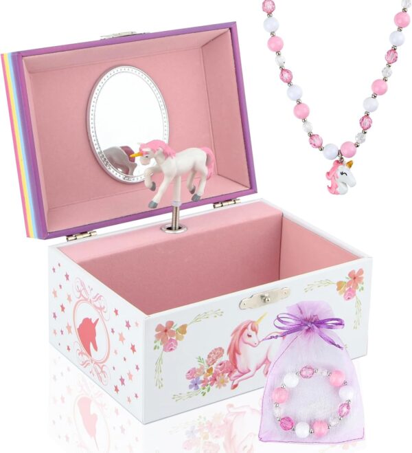 Girls' Musical Jewelry Box Organizer with Jewelry Set - Flowers and Unicorn Jewellery Box Music Box - Jewelry Storage and jewelry box for girls