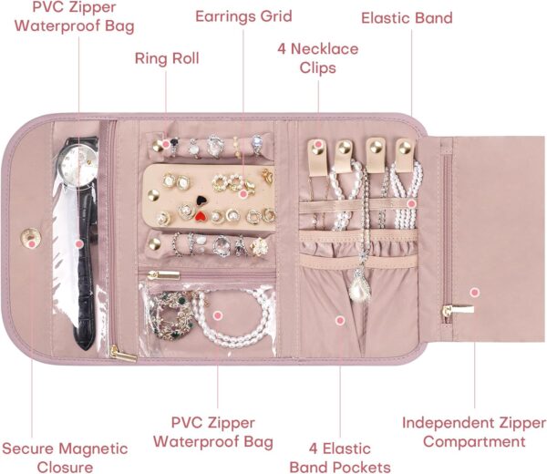 Travel Jewelry Organizer - Foldable travel jewelry case for earrings, necklaces, rings, bracelets, brooches, pink - Image 3