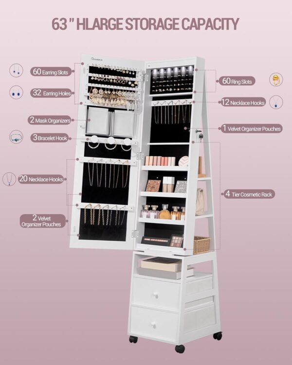 Jewelry Cabinet，42.5" Lockable Standing Jewellery Mirror Cabinet with 2 Drawers, 360° Swivel Jewellery Cabinet with Lights on Four Wheels, Full Length Mirror, White JC37503B - Image 5