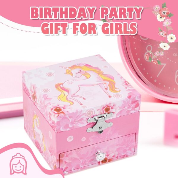 Girl's Musical Jewellery Box With Drawer and Spinning Unicorn, Kids Music Box Jewel Storage Toys Case for Girls Gift - Image 4