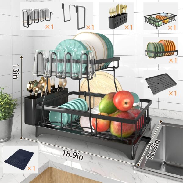 Godboat Dish Drying Rack, 2-Tier Dish Racks for Kitchen Counter, Dish Rack with Drainboard & Mat, Dish Drainer with Knife, Fork & Cup Rack, Gifts for Women, Mothers Day, Cool Stuff & Kitchen Gadgets - Image 2