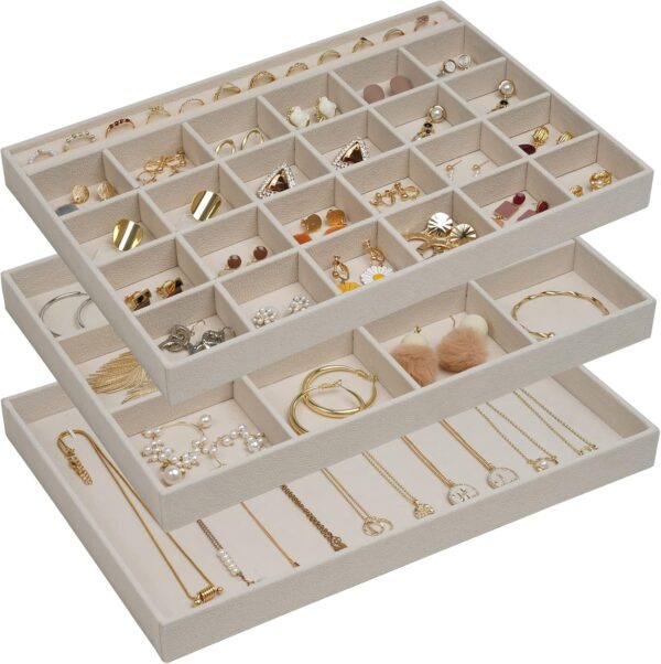 ProCase 3 Stackable Jewelry Trays Organizer Set for Drawers, Jewellery Drawer Insert Divider Jewel Display Storage with Removable Dividers for Earring Necklace Bracelet -Beige