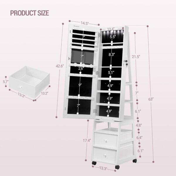 Jewelry Cabinet，42.5" Lockable Standing Jewellery Mirror Cabinet with 2 Drawers, 360° Swivel Jewellery Cabinet with Lights on Four Wheels, Full Length Mirror, White JC37503B - Image 3