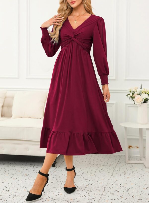 Dokotoo Womens 2024 Wrap V-Neck Twist Knot Long Sleeve Empire Waist Midi Maxi Dress A-Line Ruched Flowy Dress with Pockets - Image 7