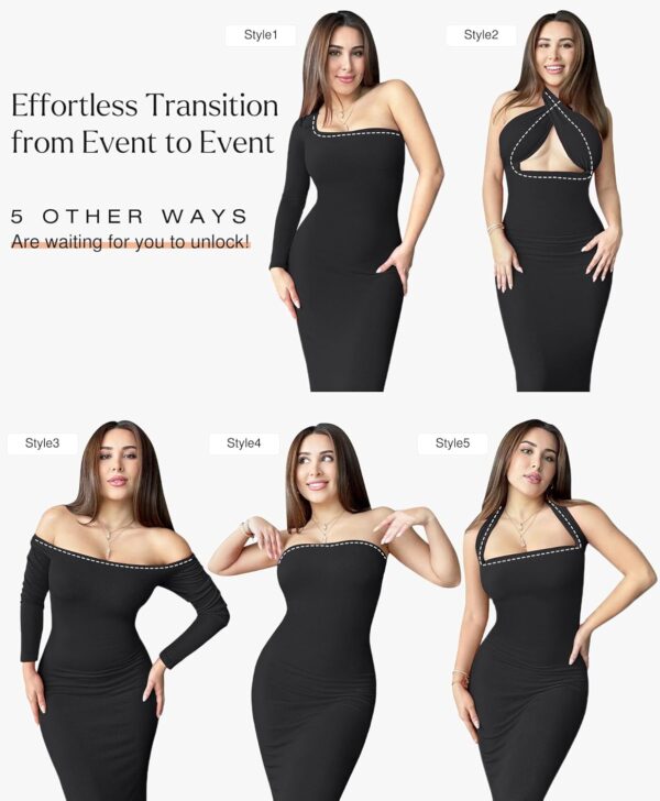 Popilush Long Sleeve Maxi Dress Bodycon Cocktail Dress Shapewear Tummy Control Fall Formal Dresses Built-in Bra - Image 4