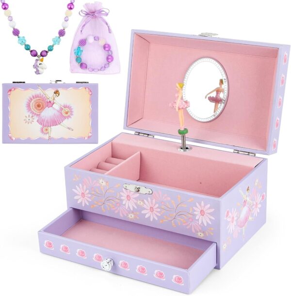 Music Jewellery Box with Drawer Necklace Bracelet, Musical Jewelry Storage Case with Spinning Ballerina Gift Set for Kids Girls Children Daughter (Pink Dancer)