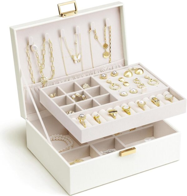 Vlando 2 Layer Jewelry Box Large Jewelry Organizer for Women Removable Jewelery Tray for Necklace Earrings Rings Bracelets Jewelry Boxes for Christmas Gifts Wedding Gifts (Cream White)