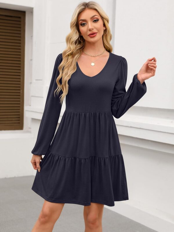 ANRABESS Women's Casual Long Sleeve V Neck Tiered Swing Flowy Loose A-line Cute Mini Short Fall Dress 2024 - Image 6