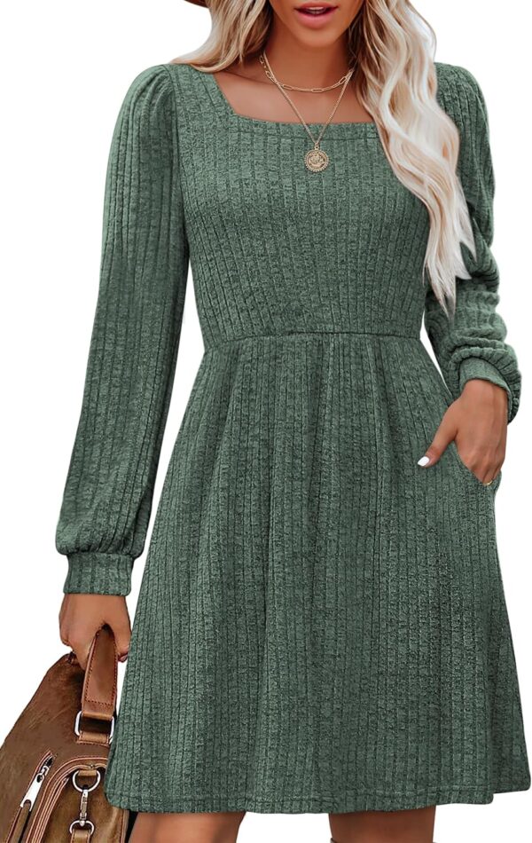 OFEEFAN Womens Knit Sweater Dress with Pockets Square Neck Long Sleeve Dresses