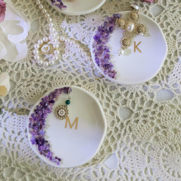 Ceramic Initials Ring Dish with Brazilian Amethyst Inlaid, Cute Room Decor Aesthetic, Decorative Jewelry Tray Trinket Dish, Engagement Wedding Birthday Christmas Gifts for Women (M) - Image 7