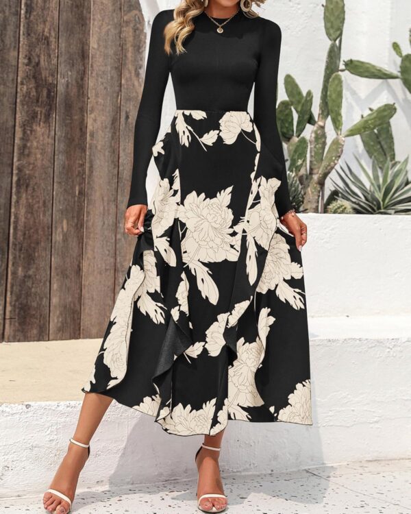 BTFBM Womens Fall Fashion 2024 Floral Maxi Dress Casual Crewneck Long Sleeve Ruffle Flowy Cocktail Wedding Guest Dresses - Image 4