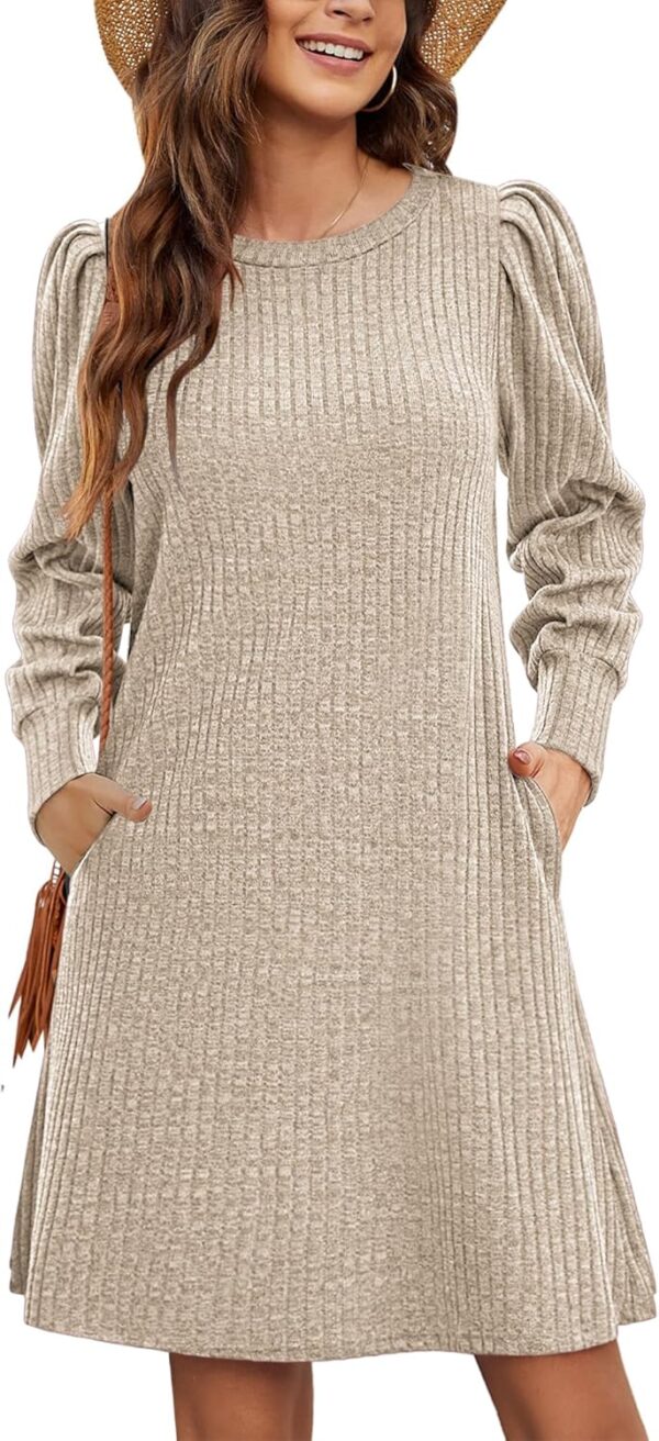 Zeagoo Women Knit Dress Puff Long Sleeve Dress for Fall Winter Round Neck Casual Tunic Dress - Image 2