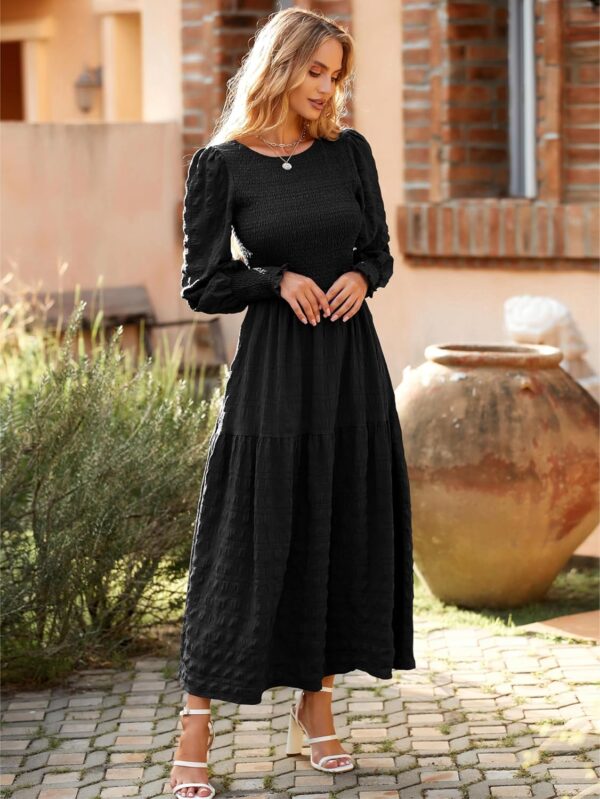 PRETTYGARDEN Women 2024 Puff Long Sleeve Crewneck Smocked Maxi Dress Solid Empire Waist Tiered A-line Swing Flowy Long Dress - Image 5