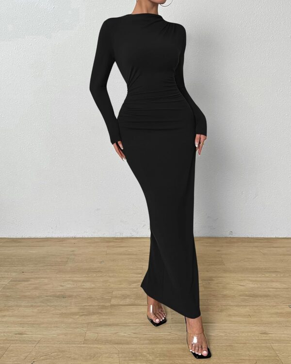 BTFBM Women Bodycon Maxi Dress Long Sleeve Back Slit Ruched Elegant Party Cocktail Formal Fall Wedding Guest Dresses - Image 2