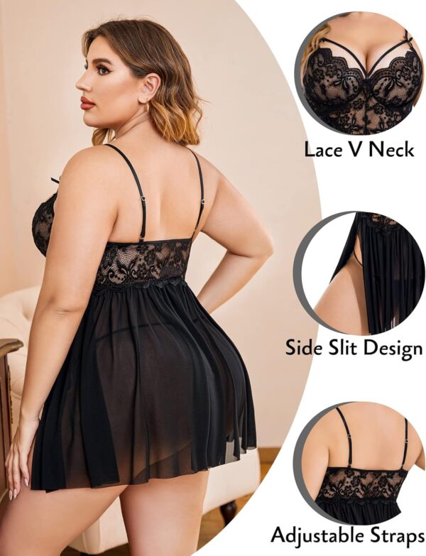 Avidlove Plus Size Lingerie Lace Babydoll Womens Strap Chemise Nightgown V Neck Nighty Mesh Sleepwear Side Slit Nightdress - Image 2