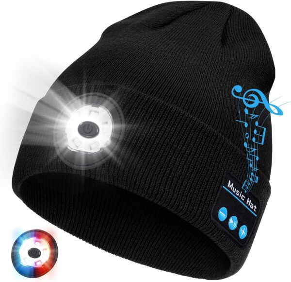 Bluetooth Beanie with Light, 2024 New Musical Knitted Hat with Headphone, Built-in Stereo Speakers Mic, 5 LED Super Bright, USB-C Charging, Cool Gadgets for Men Dad Camping Running Fishing Black