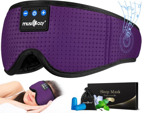 MUSICOZY Sleep Headphones Masks, Bluetooth Sleep Eye Mask for Sleeping for Side Sleepers, Sleeping Masks Headphones Wireless Music Mask Men Women with Speakers Cool Tech Gadgets Gifts(Purple)