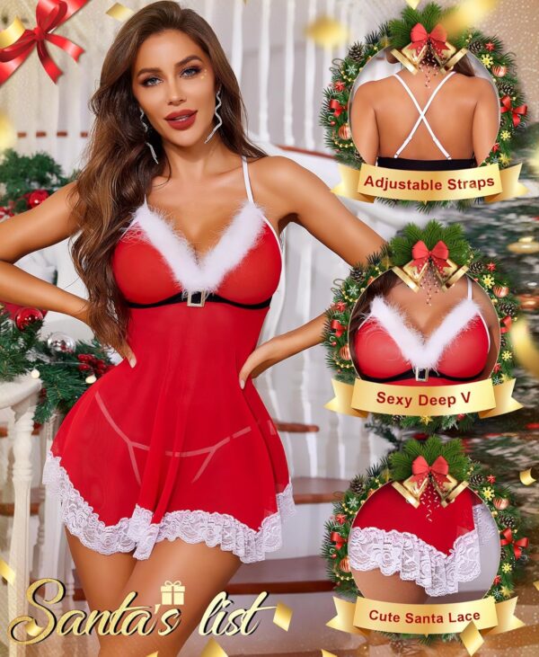 RSLOVE Women's Sexy Santa Christmas Lingerie Set Babydoll Lace Chemises Sleepwear - Image 4