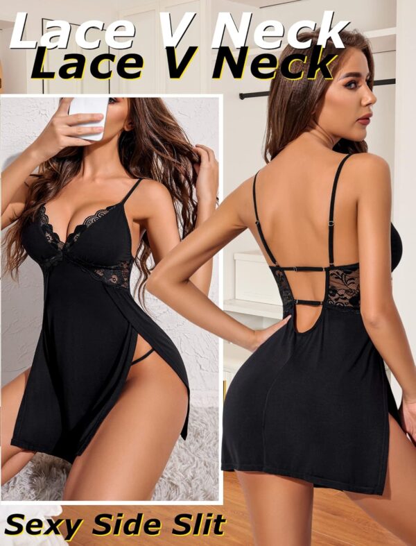 Avidlove Women Lingerie Lace Chemise Sexy Nightgown Modal Babydoll Side Slit Sleepwear - Image 3