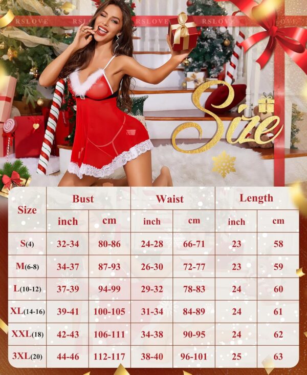 RSLOVE Women's Sexy Santa Christmas Lingerie Set Babydoll Lace Chemises Sleepwear - Image 5