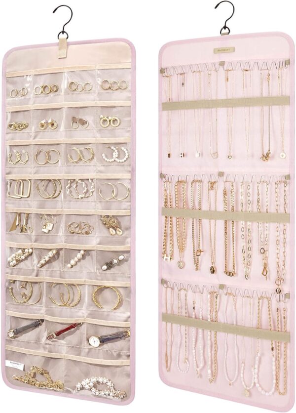 BAGSMART Hanging Jewelry Organizer Storage Roll with Hanger Metal Hooks Double-Sided Jewelry Holder for Earrings, Necklaces, Rings on Closet, Wall, Door, 1 piece, Large, Pink