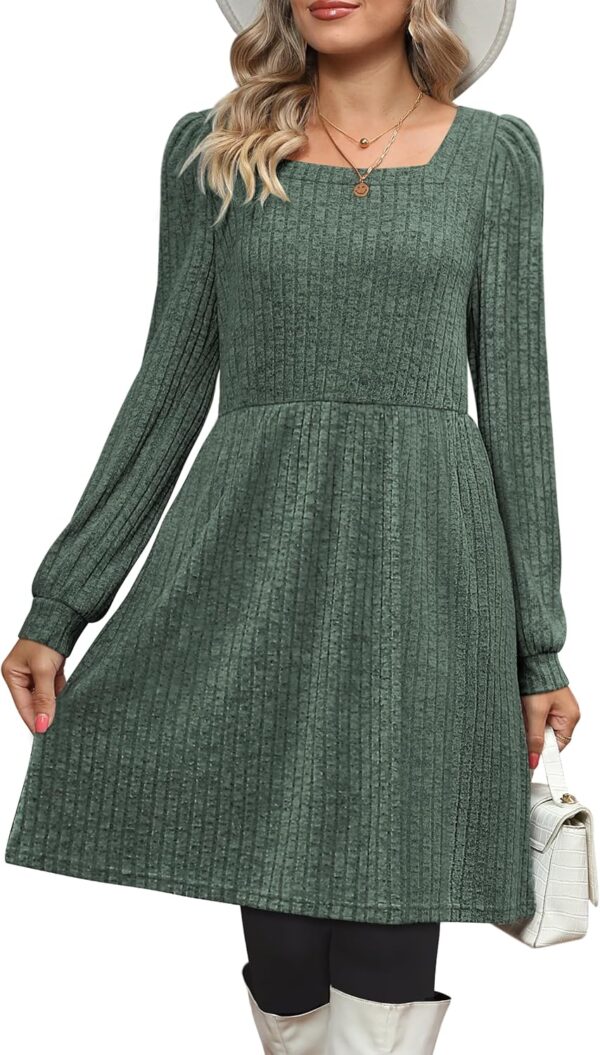 OFEEFAN Womens Knit Sweater Dress with Pockets Square Neck Long Sleeve Dresses - Image 2