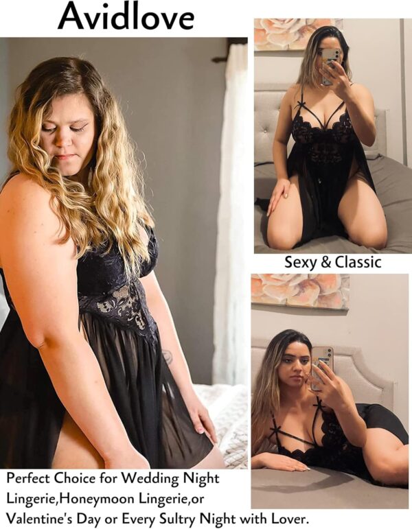 Avidlove Plus Size Lingerie Lace Babydoll Womens Strap Chemise Nightgown V Neck Nighty Mesh Sleepwear Side Slit Nightdress - Image 5